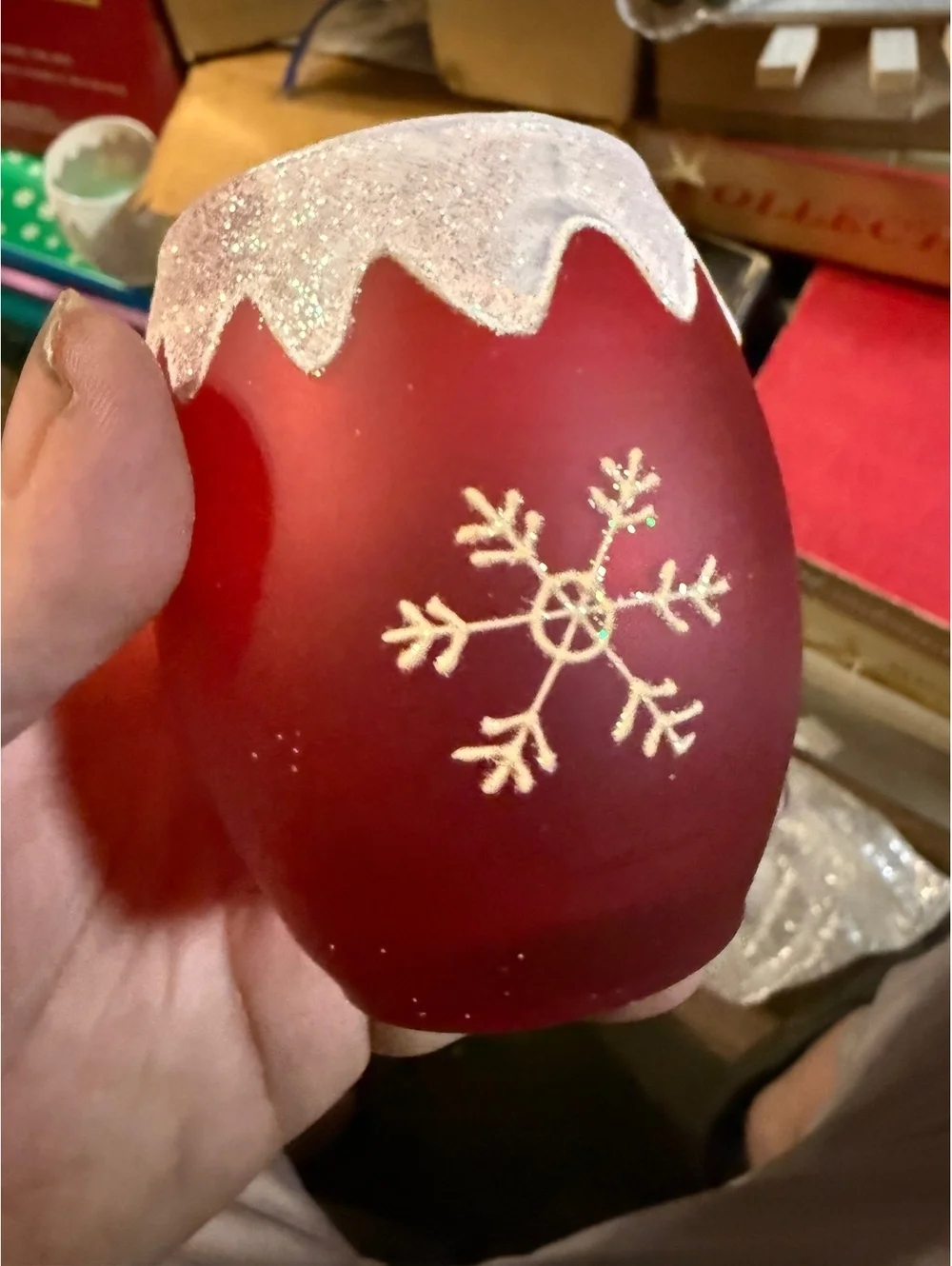 Red Frosted Glass Candle Holder with Snowflake Design